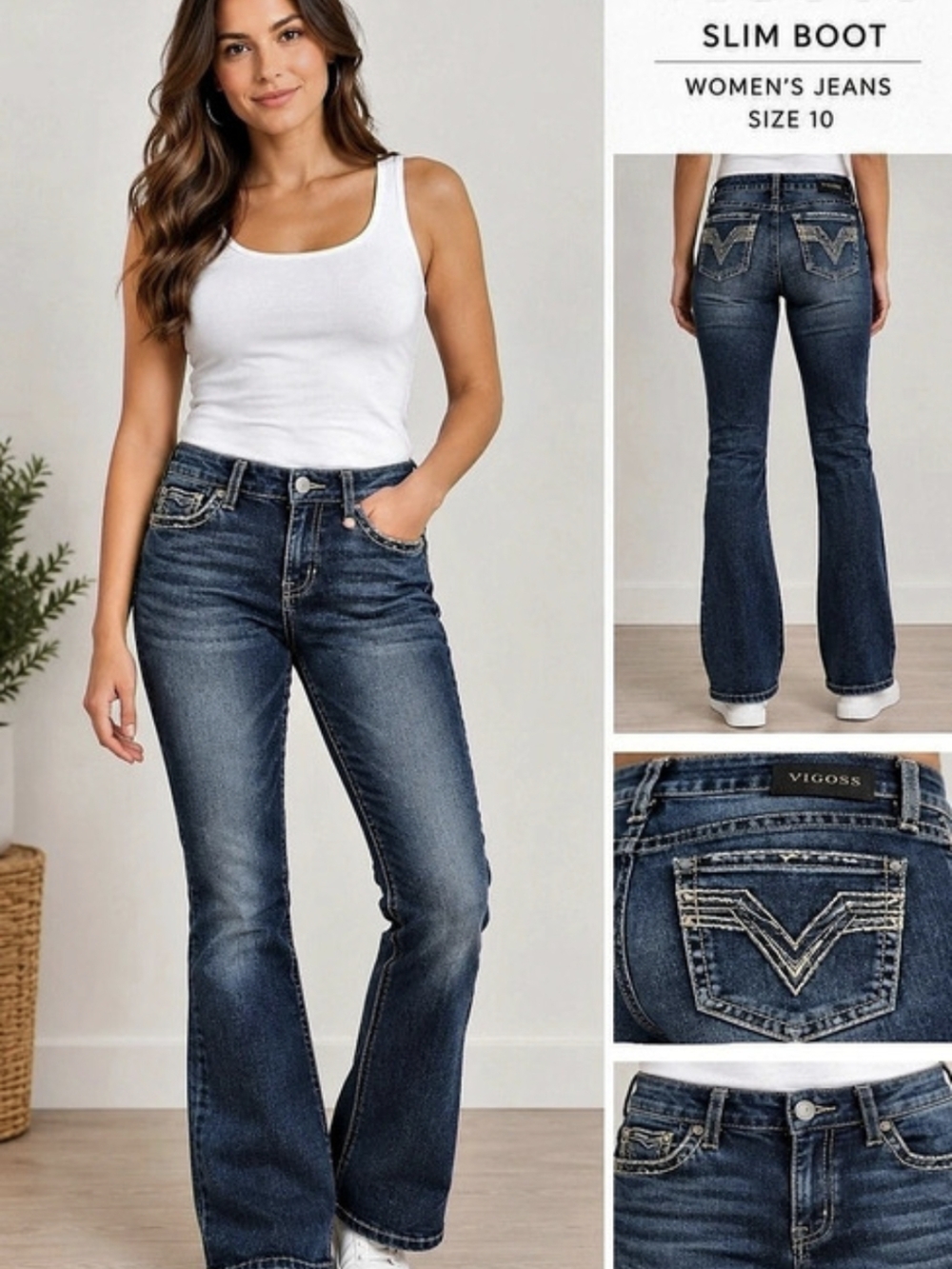 Vigoss Slim Boot Women's Jeans Blue Waist 10 | Elastic Waistband